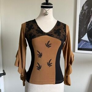 Vintage Fitted Brown and black mesh top with bell sleeves
